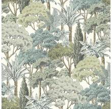 Vliesová tapeta s motivem lesa, ilustrované stromy a palmy v zelené a modré barvě.