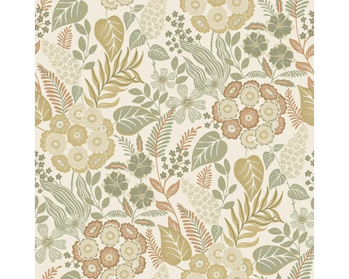 Vliesová tapeta s květinovým vzorem s různými květinami, listy a kapradinami v ilustrativním stylu.