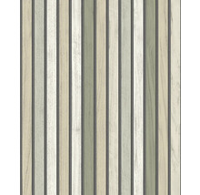 Vliesová tapeta s vertikálním vzorem dřevěných latí a texturou dřeva.