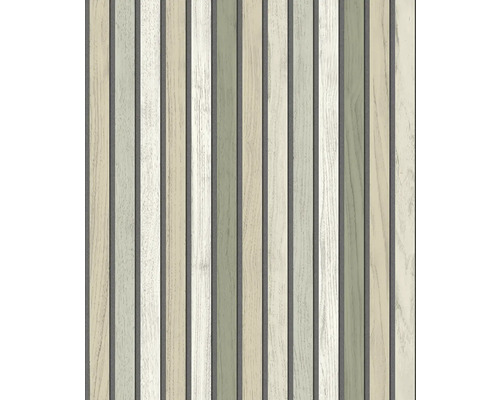 Vliesová tapeta s vertikálním vzorem dřevěných latí a texturou dřeva.