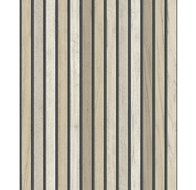 Akustický panel s vertikálními dřevěnými lamelami v dekoru dubu na tmavém podkladu.