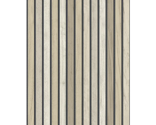 Vliesová tapeta B31208 Vavex 2027 Akustický panel s vertikálními dřevěnými lamelami v dekoru dubu na tmavém podkladu.