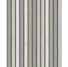 Vliesová tapeta ve vzhledu dřeva se svislými panely a jemnou strukturou dřeva v šedé a béžové barvě.