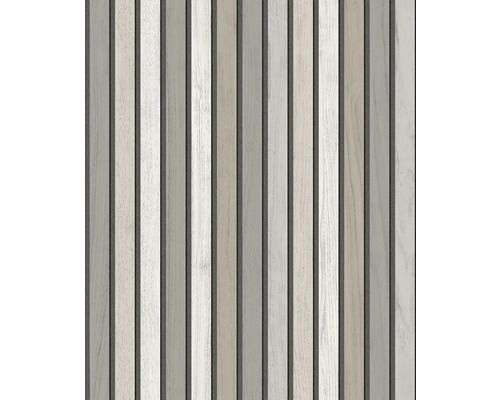 Vliesová tapeta ve vzhledu dřeva se svislými panely a jemnou strukturou dřeva v šedé a béžové barvě.