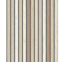 Vliesová tapeta s optikou vertikálních dřevěných lamel v různých odstínech hnědé a bílé.