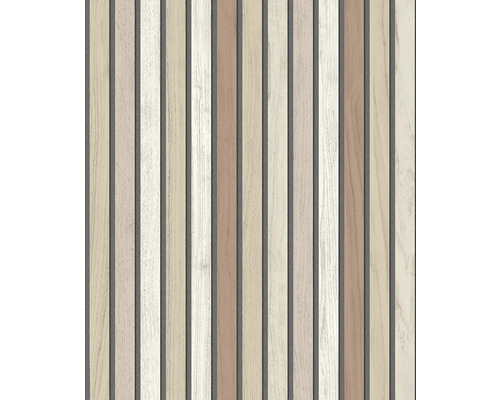 Vliesová tapeta s optikou vertikálních dřevěných lamel v různých odstínech hnědé a bílé.