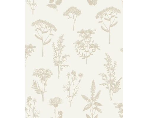 Vliesová tapeta s botanickým vzorem, ručně kreslené ilustrace různých divokých květin a bylin ve vintage stylu.