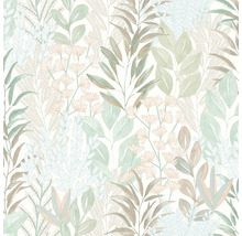 Tapeta s botanickým vzorem listů a jemnými květy v akvarelovém stylu.