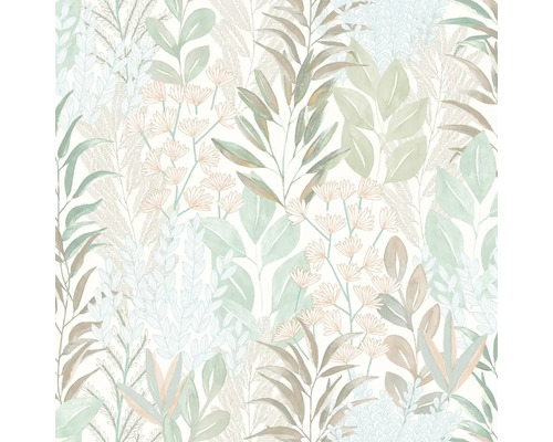 Tapeta s botanickým vzorem listů a jemnými květy v akvarelovém stylu.