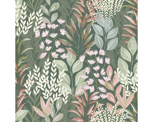 Tapeta s botanickým vzorem různých listů, kapradin a malých květů v ilustrativním stylu.