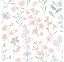 Vliesova tapeta s akvarelovym kvetinovym vzorem, ruzne rostliny a kvety v botanickem stylu.