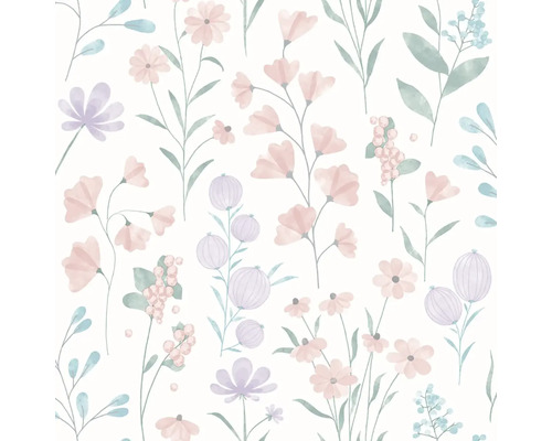 Vliesova tapeta s akvarelovym kvetinovym vzorem, ruzne rostliny a kvety v botanickem stylu.