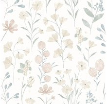 Tapeta s květinovým akvarelovým vzorem různých květin, listů a bobulí v decentních přírodních odstínech.