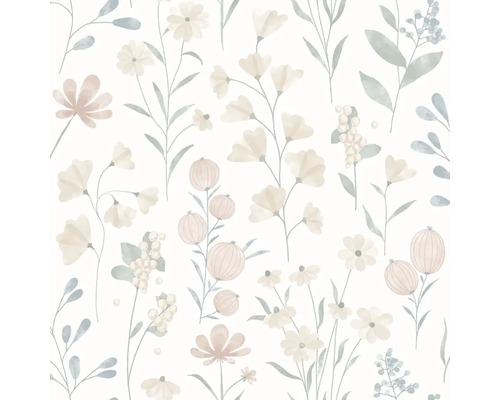 Tapeta s květinovým akvarelovým vzorem různých květin, listů a bobulí v decentních přírodních odstínech.