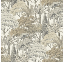 Vliesová tapeta s ručně kresleným motivem džungle s palmami a stromy v béžové a šedé barvě.