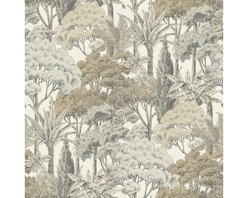 Vliesová tapeta s ručně kresleným motivem džungle s palmami a stromy v béžové a šedé barvě.