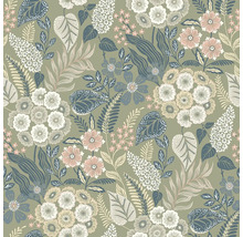 Tapeta se stylizovaným květinovým vzorem s různými květinami, listy a kapradinami v designu inspirovaném vintage stylem.