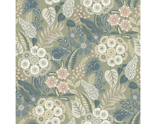 Tapeta se stylizovaným květinovým vzorem s různými květinami, listy a kapradinami v designu inspirovaném vintage stylem.