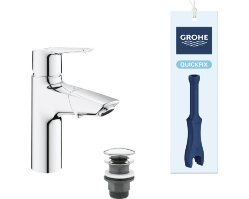 Lesklá vodovodní baterie s odtokovou armaturou a logem Grohe