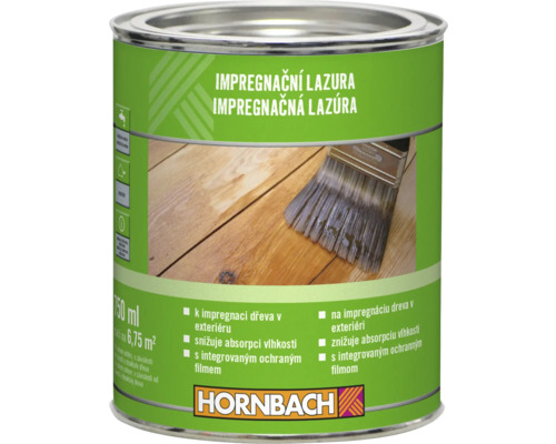 Hornbach impregnační lazura pro venkovní použití, 750 mililitrů, circa 6,75 metrů čtverečních, snižuje absorpci vlhkosti, s ochranným filmem.