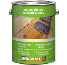Hornbach impregnační lazura na dřevo v exteriéru, plechovka s vyobrazením štětce na dřevěném povrchu, Hornbach Logo