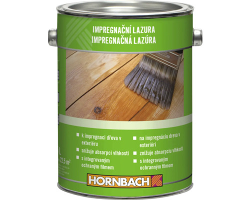 Hornbach impregnační lazura na dřevo v exteriéru, plechovka s vyobrazením štětce na dřevěném povrchu, Hornbach Logo