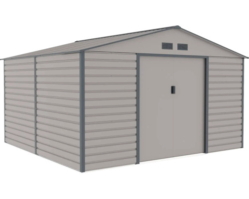 Šedý kovový zahradní domek se sedlovou střechou, dvoukřídlými posuvnými dveřmi a větracími otvory.