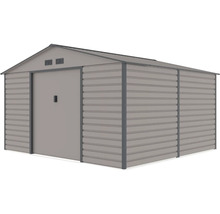 Kovový zahradní domek se sedlovou střechou, posuvnými dveřmi a větracími otvory.