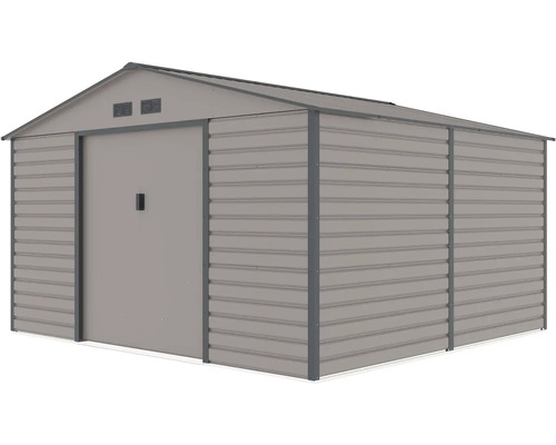 Kovový zahradní domek se sedlovou střechou, posuvnými dveřmi a větracími otvory.