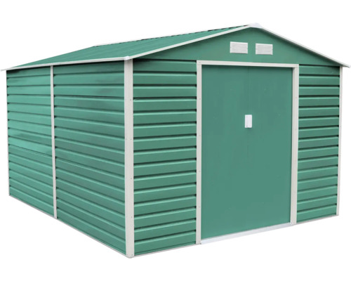 Zelený kovový zahradní domek se sedlovou střechou, dvoukřídlými posuvnými dveřmi a větracími otvory.