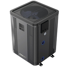 Tepelné čerpadlo Poolex pro bazény, vertikální konstrukce, kovové pouzdro s ventilačními mřížkami, ovládací panel a tlakoměr.