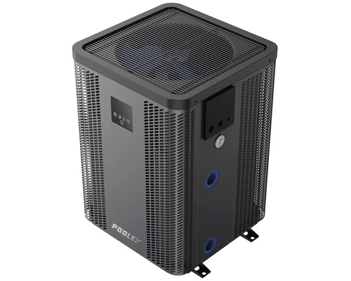 Tepelné čerpadlo Poolex pro bazény, vertikální konstrukce, kovové pouzdro s ventilačními mřížkami, ovládací panel a tlakoměr.