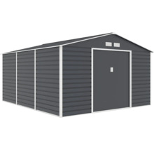 Kovový zahradní domek se sedlovou střechou, větracími otvory a posuvnými dveřmi