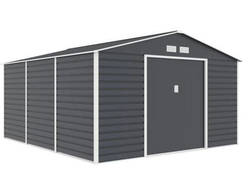 Kovový zahradní domek se sedlovou střechou, větracími otvory a posuvnými dveřmi