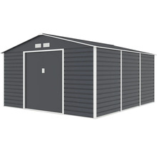 Antracitový kovový zahradní domek s bílým rámem, sedlovou střechou a posuvnými dveřmi.