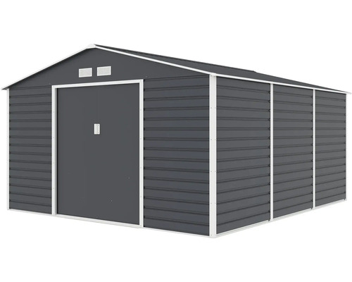 Antracitový kovový zahradní domek s bílým rámem, sedlovou střechou a posuvnými dveřmi.