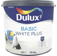 Dulux interiérová barva Basic White Plus sněhově bílá matná, balení 19 litrů o hmotnosti 26,5 kilogramů.