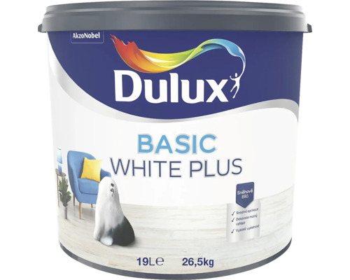 Dulux interiérová barva Basic White Plus sněhově bílá matná, balení 19 litrů o hmotnosti 26,5 kilogramů.