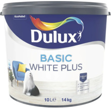 Kbelík interiérové barvy Dulux Basic White Plus, 10 litrů, od AkzoNobel s logem Dulux Logo a typickým psem této značky.