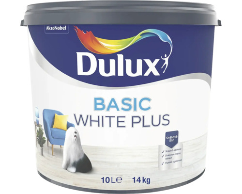 Kbelík interiérové barvy Dulux Basic White Plus, 10 litrů, od AkzoNobel s logem Dulux Logo a typickým psem této značky.