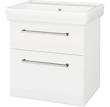 Sestava koupelnového nábytku s bílým umyvadlem a skříňkou se dvěma zásuvkami a stříbrnými madly.