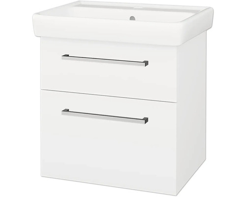 Sestava koupelnového nábytku s bílým umyvadlem a skříňkou se dvěma zásuvkami a stříbrnými madly.