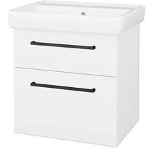 Bílá koupelnová skříňka pod umyvadlo se dvěma zásuvkami, černými úchyty a integrovaným bílým umyvadlem.