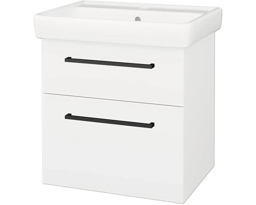 Bílá koupelnová skříňka pod umyvadlo se dvěma zásuvkami, černými úchyty a integrovaným bílým umyvadlem.