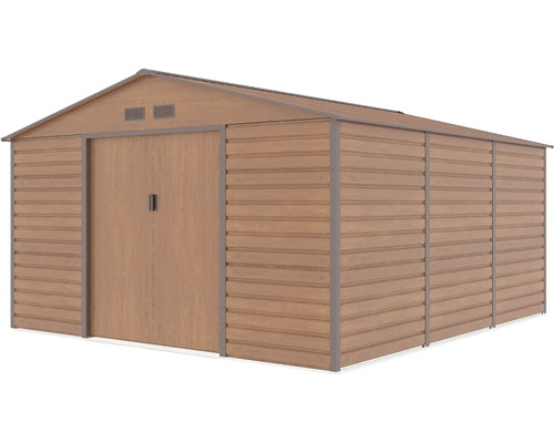 Velký kovový zahradní domek v dekoru dřeva se sedlovou střechou a dvojitými posuvnými dveřmi.