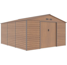 Velký kovový zahradní domek v dekoru dřeva se sedlovou střechou a dvojitými posuvnými dveřmi.