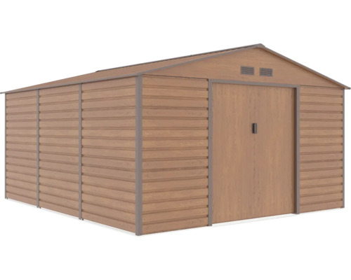 Velký kovový zahradní domek v dekoru dřeva se sedlovou střechou a dvojitými posuvnými dveřmi.