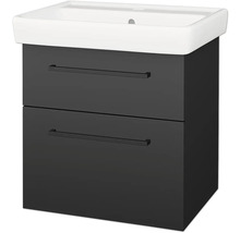 Umyvadlová skříňka v antracitové barvě se dvěma zásuvkami, černými úchyty a bílým keramickým umyvadlem.