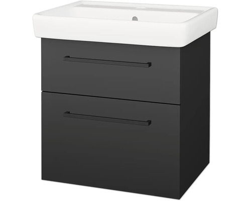 Umyvadlová skříňka v antracitové barvě se dvěma zásuvkami, černými úchyty a bílým keramickým umyvadlem.