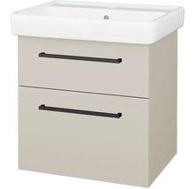 Koupelnová sestava s bílým umyvadlem a béžovou skříňkou se dvěma zásuvkami a černými úchytkami.